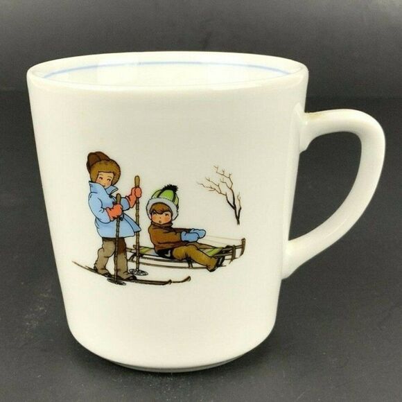 Vintage Pier 1 Imports Germany Ceramic Mug Winter and Summer Kids Scenes - Picture 1 of 6